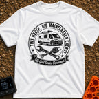 Big Tool Energy - T-Shirt in White - A circular distressed emblem featuring a camper van above a crossed wrench and a...