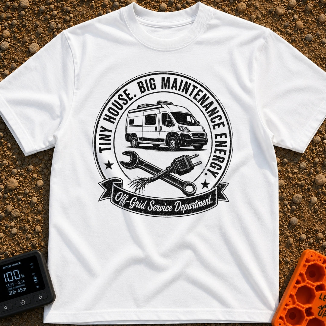Big Tool Energy - T-Shirt in White - A circular distressed emblem featuring a camper van above a crossed wrench and a...