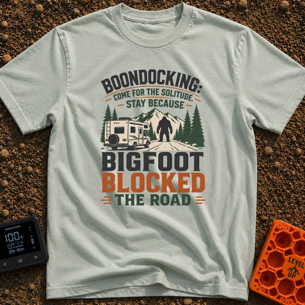 Bigfoot Right Of Way - T-Shirt in Bay - An illustration of a Class C motorhome stopped on a dirt road facing a large...