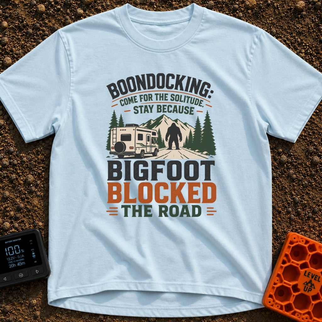 Bigfoot Right Of Way - T-Shirt in Chambray - An illustration of a Class C motorhome stopped on a dirt road facing a large...