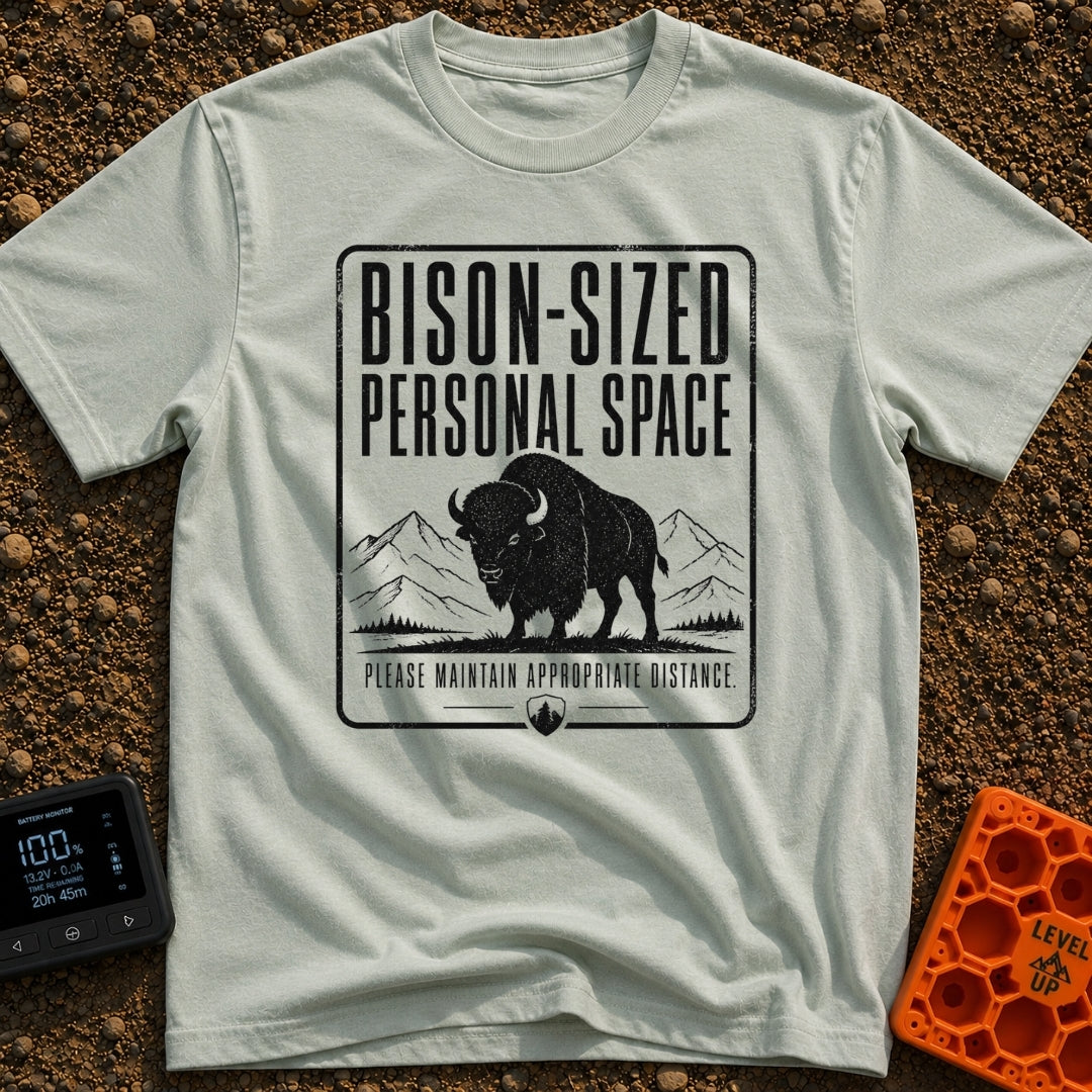 Bison Social Distancing - T-Shirt in Bay - A black and white graphic resembling a warning sign featuring an illustration...