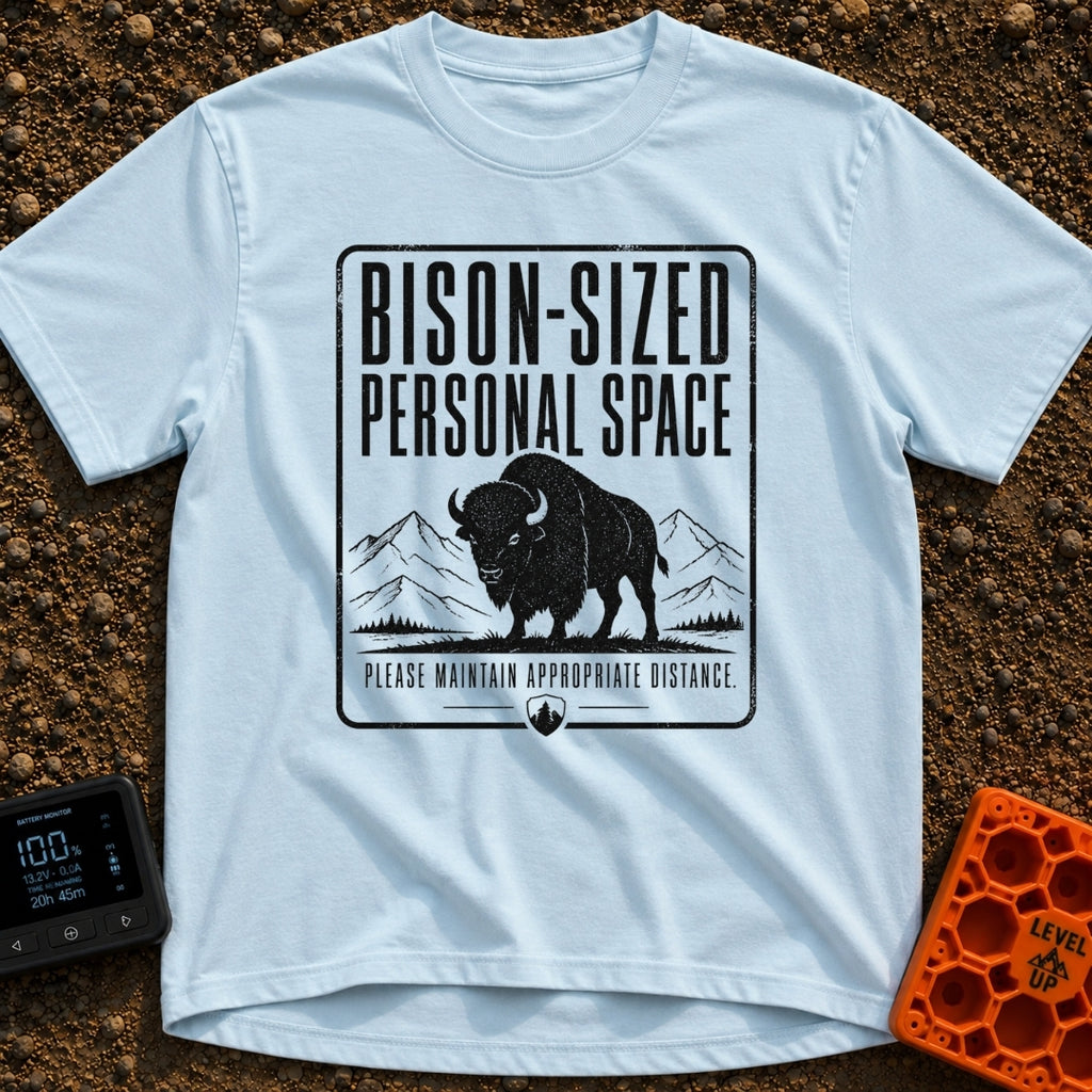 Bison Social Distancing - T-Shirt in Chambray - A black and white graphic resembling a warning sign featuring an...