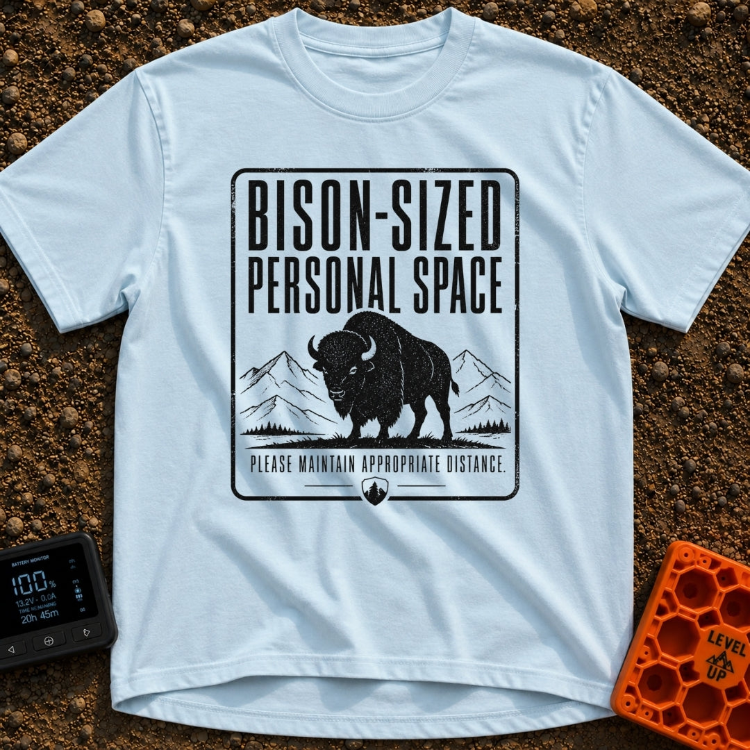Bison Social Distancing - T-Shirt in Chambray - A black and white graphic resembling a warning sign featuring an...