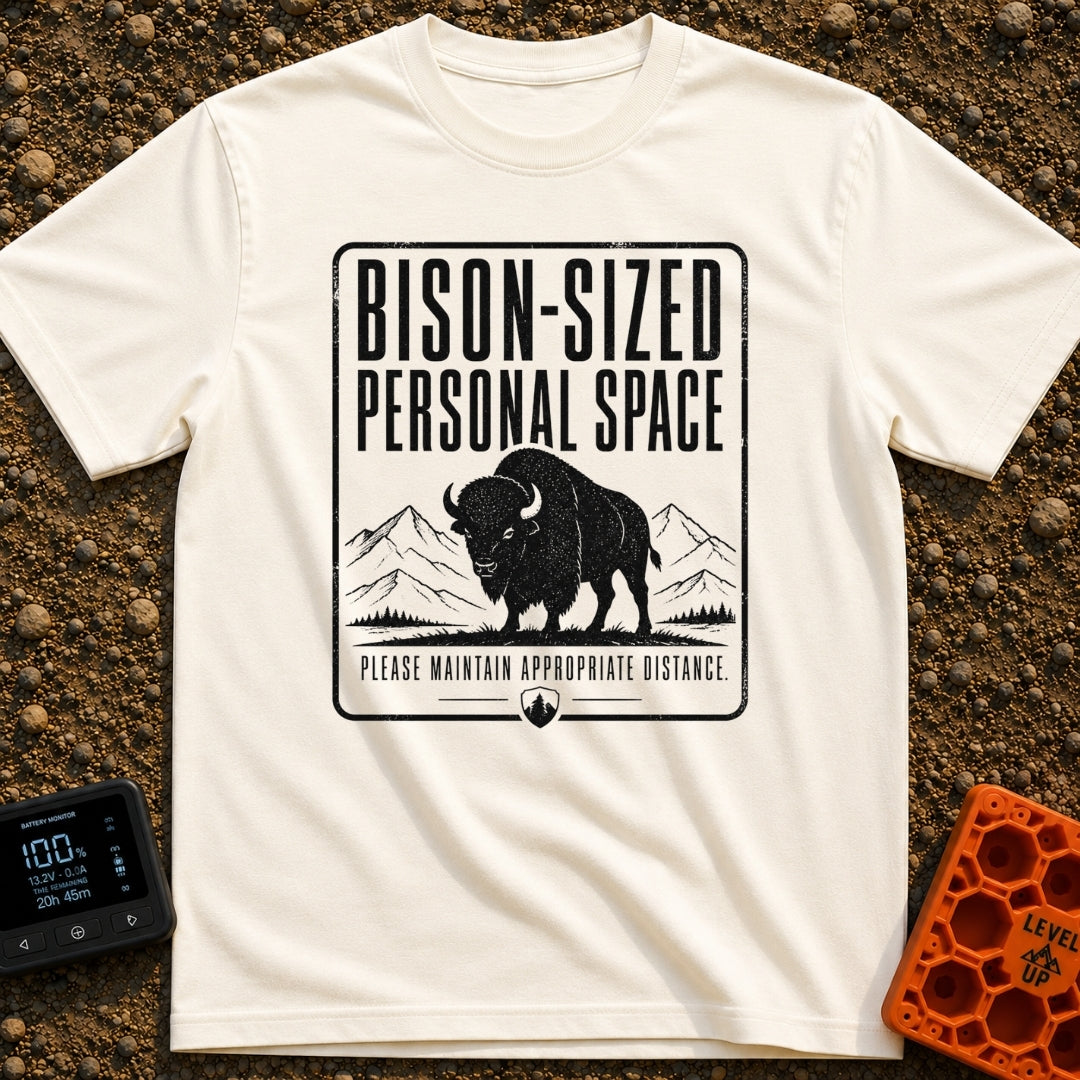 Bison Social Distancing - T-Shirt in Ivory - A black and white graphic resembling a warning sign featuring an...