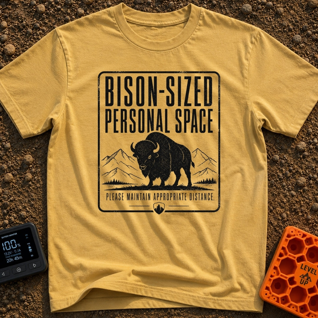 Bison Social Distancing - T-Shirt in Mustard - A black and white graphic resembling a warning sign featuring an...