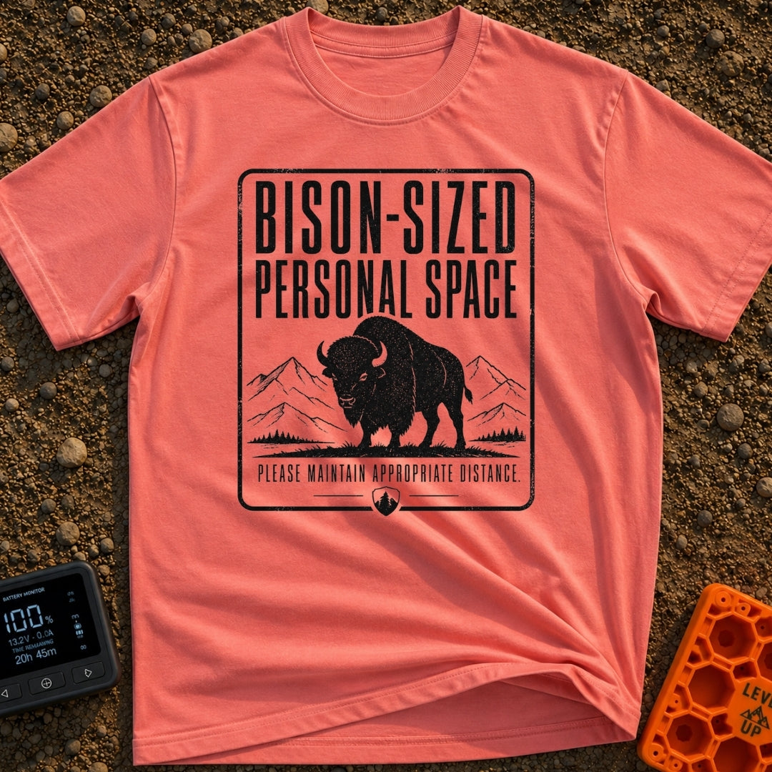 Bison Social Distancing - T-Shirt in Watermelon - A black and white graphic resembling a warning sign featuring an...