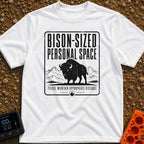 Bison Social Distancing - T-Shirt in White - A black and white graphic resembling a warning sign featuring an...