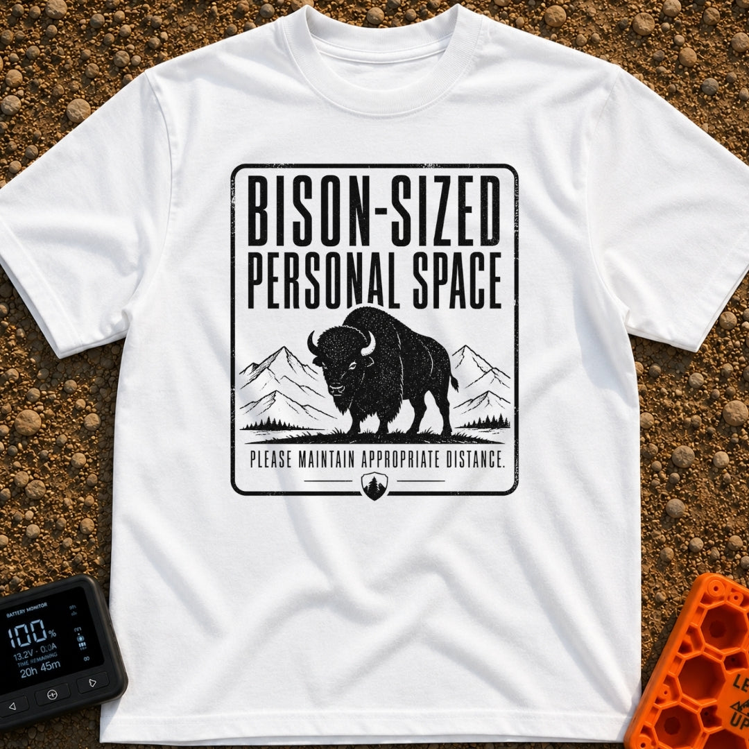 Bison Social Distancing - T-Shirt in White - A black and white graphic resembling a warning sign featuring an...