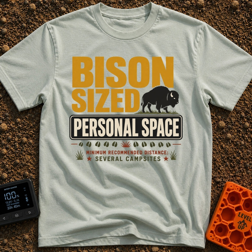 Bison Boundary Zone - T-Shirt in Bay - A graphic design featuring large text reading "BISON SIZED PERSONAL SPACE"...