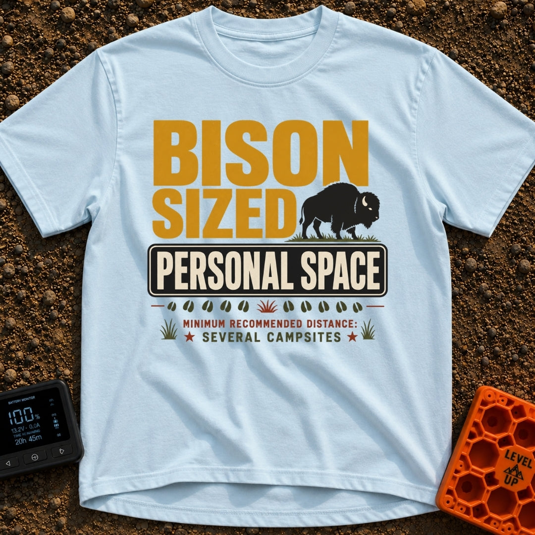 Bison Boundary Zone - T-Shirt in Chambray - A graphic design featuring large text reading "BISON SIZED PERSONAL SPACE"...