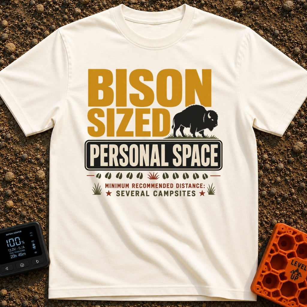 Bison Boundary Zone - T-Shirt in Ivory - A graphic design featuring large text reading "BISON SIZED PERSONAL SPACE"...