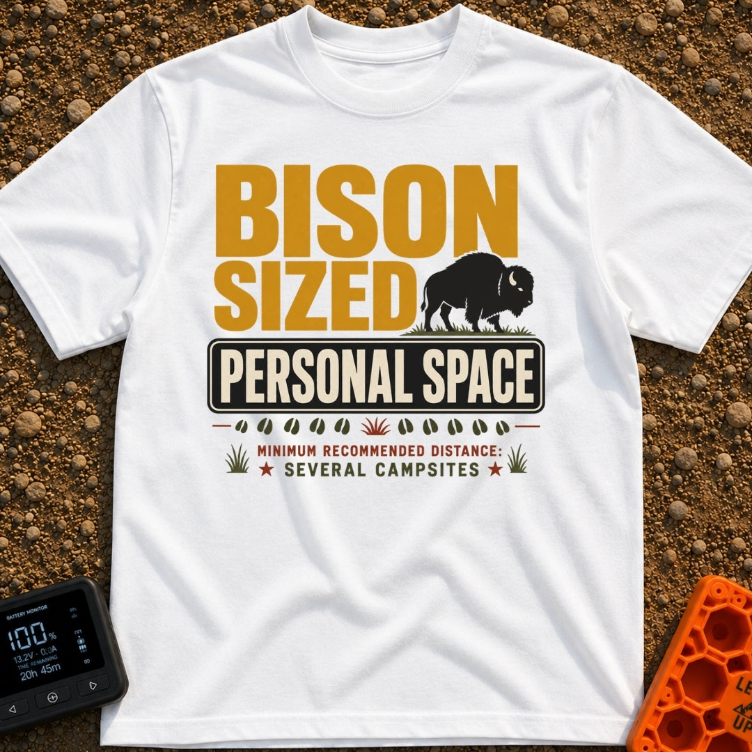 Bison Boundary Zone - T-Shirt in White - A graphic design featuring large text reading "BISON SIZED PERSONAL SPACE"...