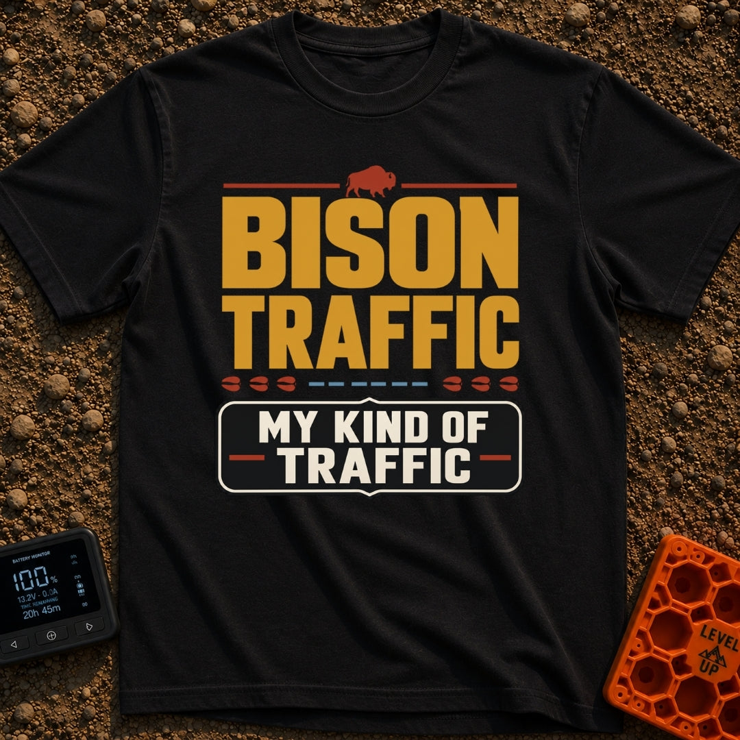 Bison Jam Bliss - T-Shirt in Black - Large, bold text reading "BISON TRAFFIC" beneath a small brown silhouette of a...