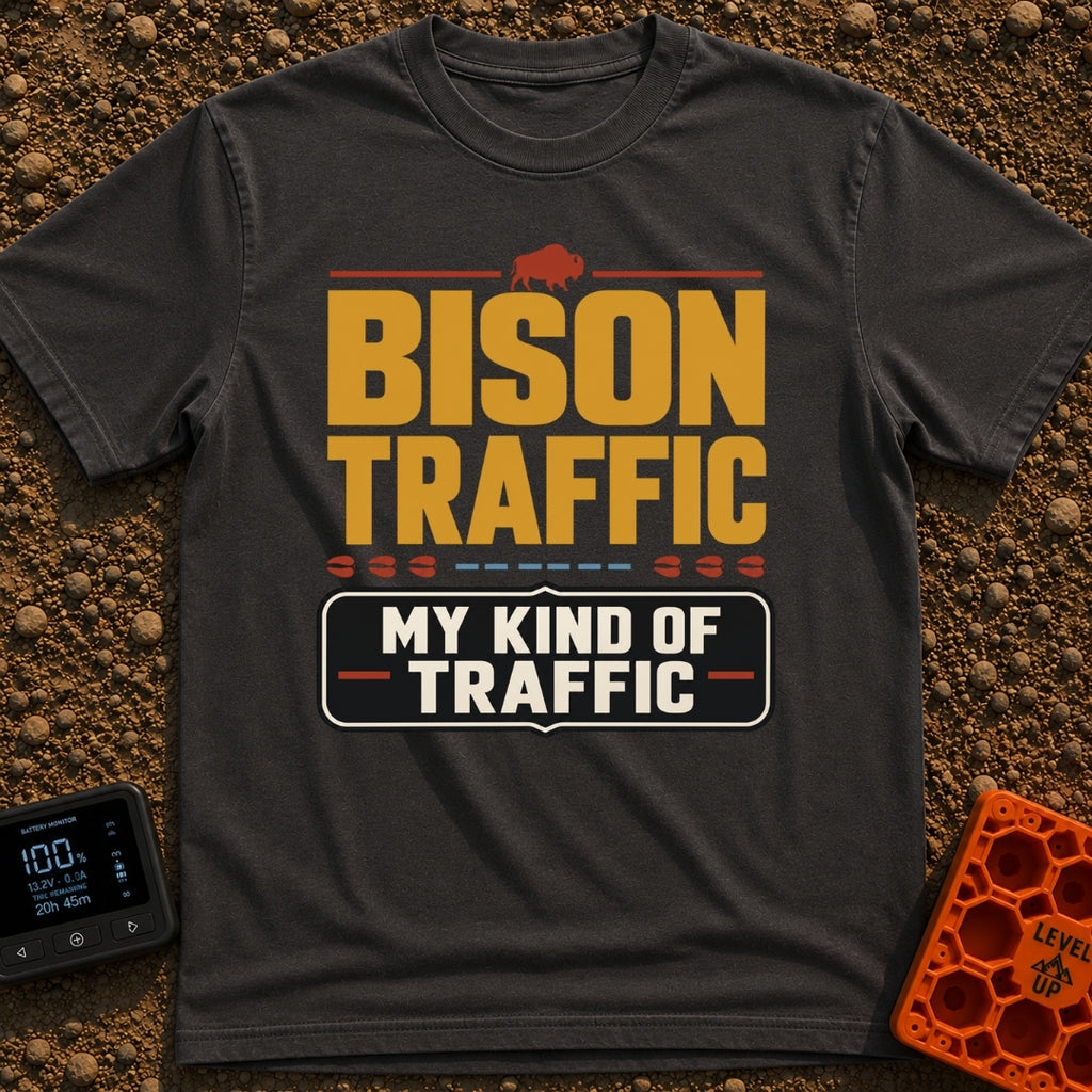 Bison Jam Bliss - T-Shirt in Graphite - Large, bold text reading "BISON TRAFFIC" beneath a small brown silhouette of a...