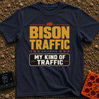 Bison Jam Bliss - T-Shirt in Navy - Large, bold text reading "BISON TRAFFIC" beneath a small brown silhouette of a bison....