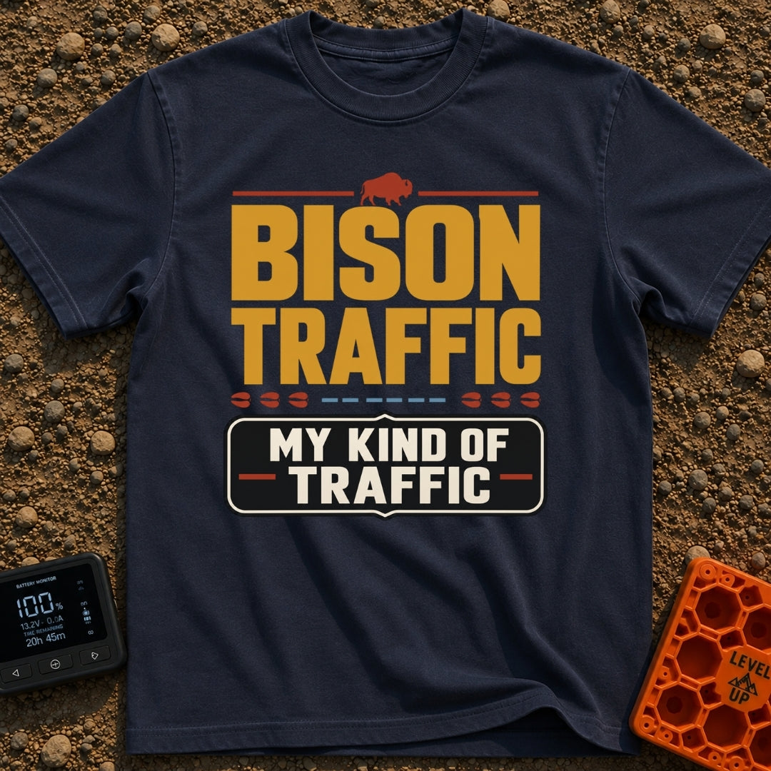 Bison Jam Bliss - T-Shirt in Navy - Large, bold text reading "BISON TRAFFIC" beneath a small brown silhouette of a bison....