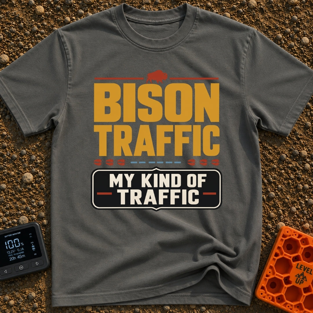 Bison Jam Bliss - T-Shirt in Pepper - Large, bold text reading "BISON TRAFFIC" beneath a small brown silhouette of a...