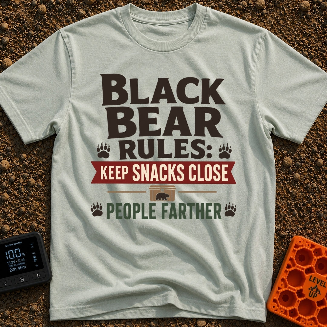 Snacks Close People Farther - T-Shirt in Bay - A typographic design reading "Black Bear Rules: Keep Snacks Close People...