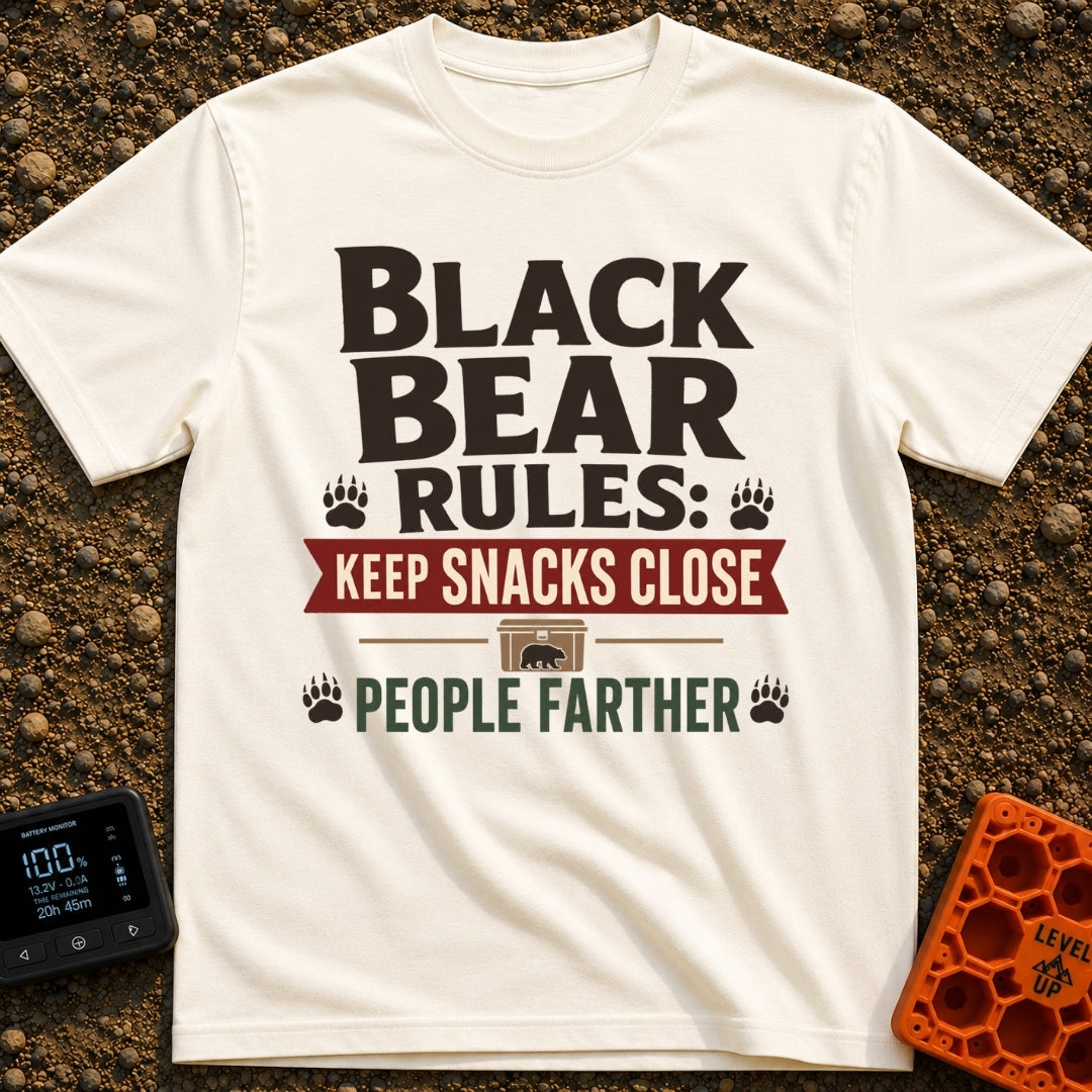 Snacks Close People Farther - T-Shirt in Ivory - A typographic design reading "Black Bear Rules: Keep Snacks Close People...