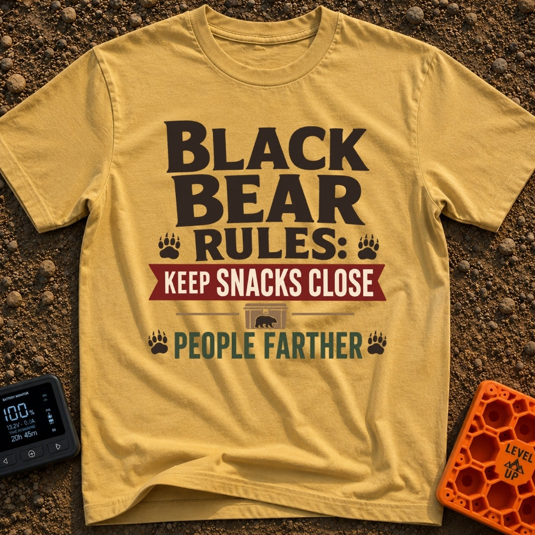 Snacks Close People Farther - T-Shirt in Mustard - A typographic design reading "Black Bear Rules: Keep Snacks Close...