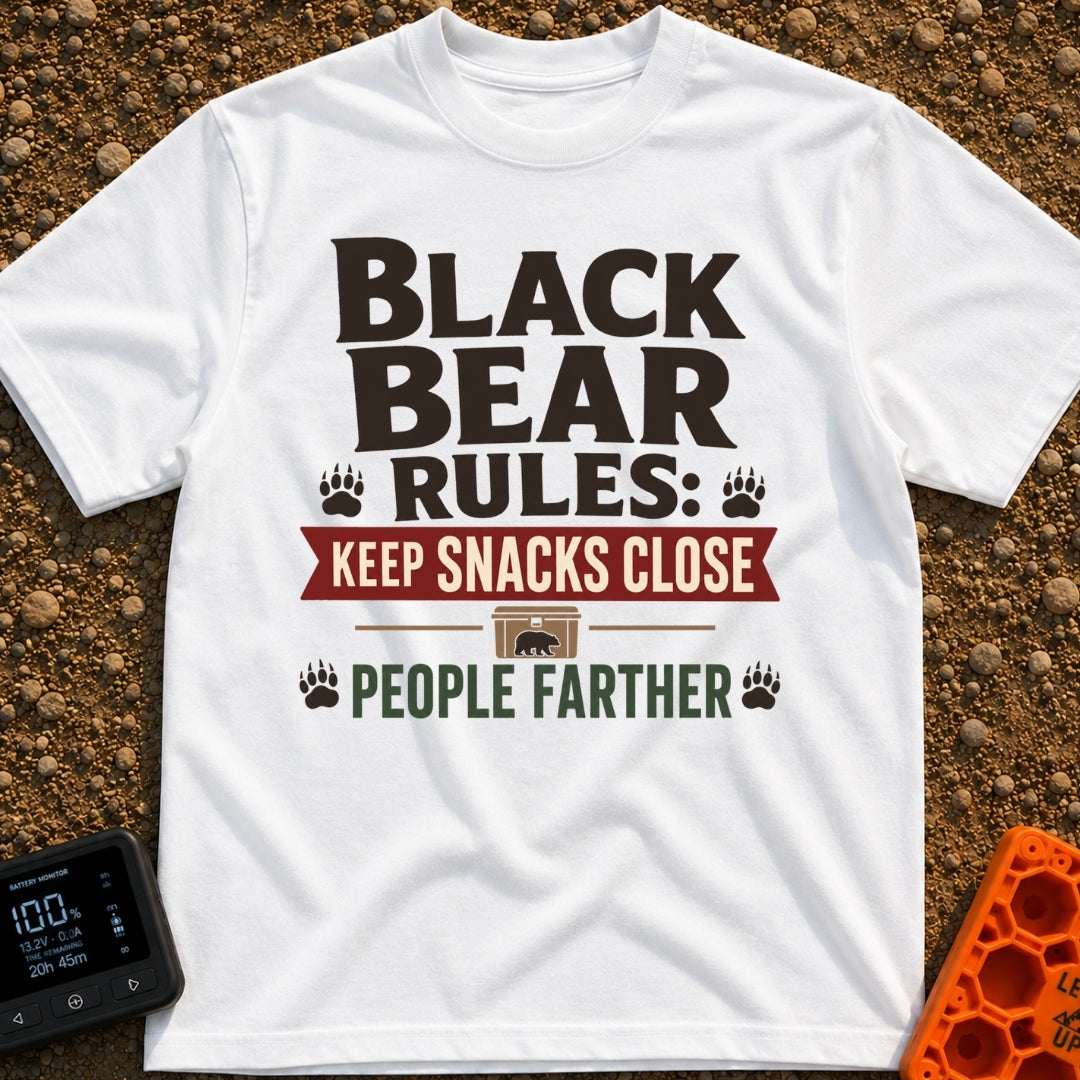 Snacks Close People Farther - T-Shirt in White - A typographic design reading "Black Bear Rules: Keep Snacks Close People...