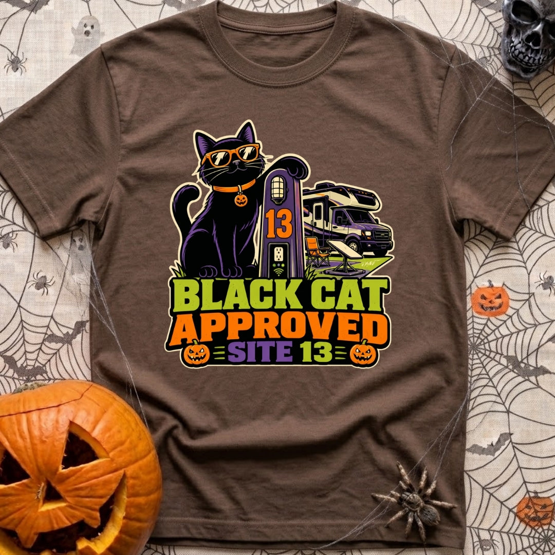 Black Cat Approved - T-Shirt in Espresso - A black cat wearing orange sunglasses and a pumpkin collar tag leans on a...
