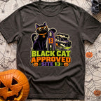 Black Cat Approved - T-Shirt in Graphite - A black cat wearing orange sunglasses and a pumpkin collar tag leans on a...