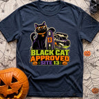 Black Cat Approved - T-Shirt in Navy - A black cat wearing orange sunglasses and a pumpkin collar tag leans on a campsite...