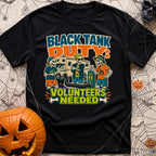 Black Tank Volunteers Needed - T-Shirt in Black - Three cartoon skeletons in casual camping attire stand next to a...