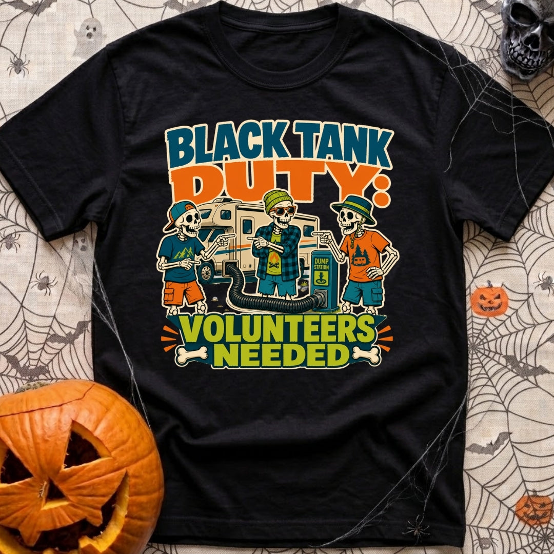 Black Tank Volunteers Needed - T-Shirt in Black - Three cartoon skeletons in casual camping attire stand next to a...