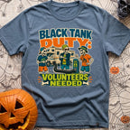 Black Tank Volunteers Needed - T-Shirt in Blue Jean - Three cartoon skeletons in casual camping attire stand next to a...