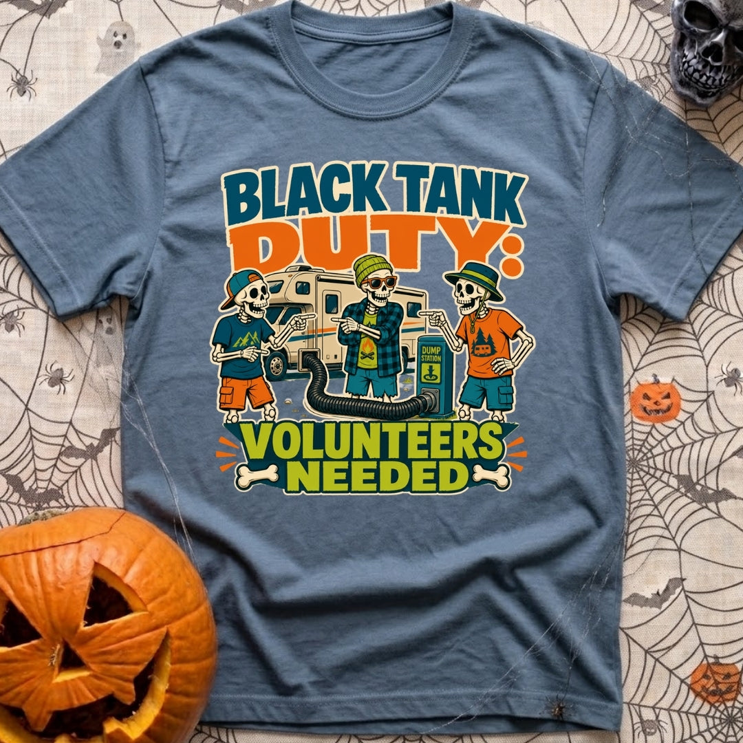 Black Tank Volunteers Needed - T-Shirt in Blue Jean - Three cartoon skeletons in casual camping attire stand next to a...