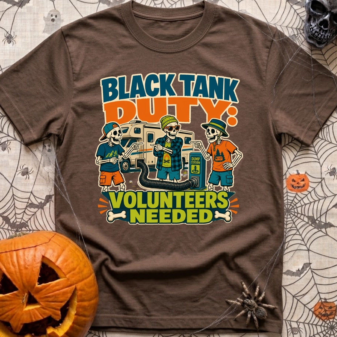 Black Tank Volunteers Needed - T-Shirt in Espresso - Three cartoon skeletons in casual camping attire stand next to a...