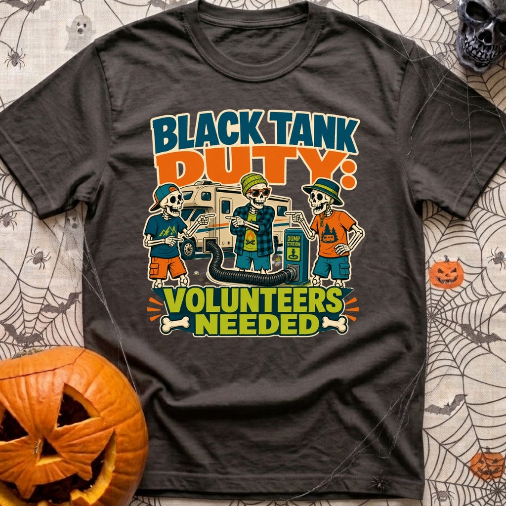 Black Tank Volunteers Needed - T-Shirt in Graphite - Three cartoon skeletons in casual camping attire stand next to a...