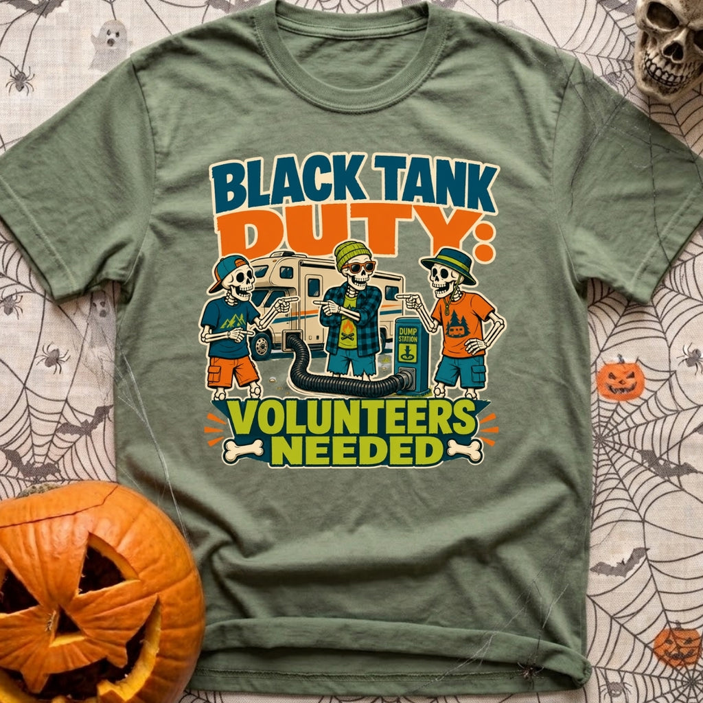 Black Tank Volunteers Needed - T-Shirt in Moss - Three cartoon skeletons in casual camping attire stand next to a...
