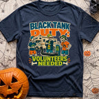 Black Tank Volunteers Needed - T-Shirt in Navy - Three cartoon skeletons in casual camping attire stand next to a...