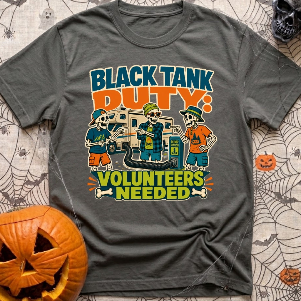 Black Tank Volunteers Needed - T-Shirt in Pepper - Three cartoon skeletons in casual camping attire stand next to a...