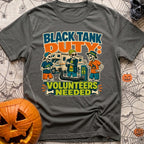 Black Tank Volunteers Needed - T-Shirt in Pepper - Three cartoon skeletons in casual camping attire stand next to a...