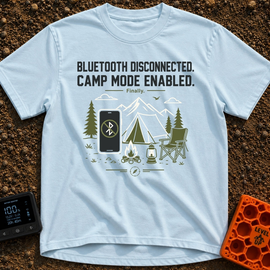 Bluetooth Off Camp On - T-Shirt in Chambray - A line-art illustration of a smartphone displaying a crossed-out Bluetooth...
