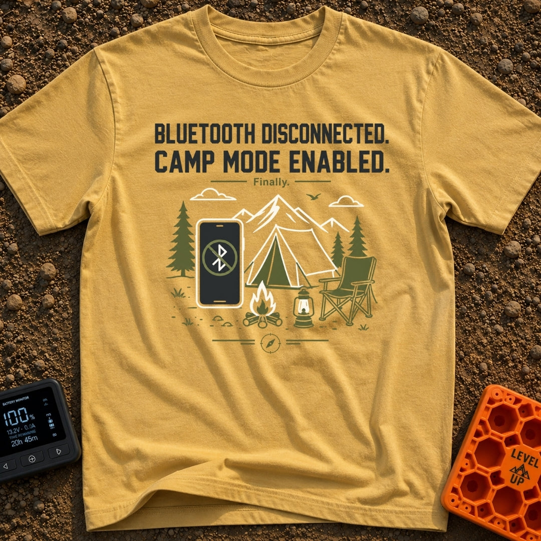 Bluetooth Off Camp On - T-Shirt in Mustard - A line-art illustration of a smartphone displaying a crossed-out Bluetooth...