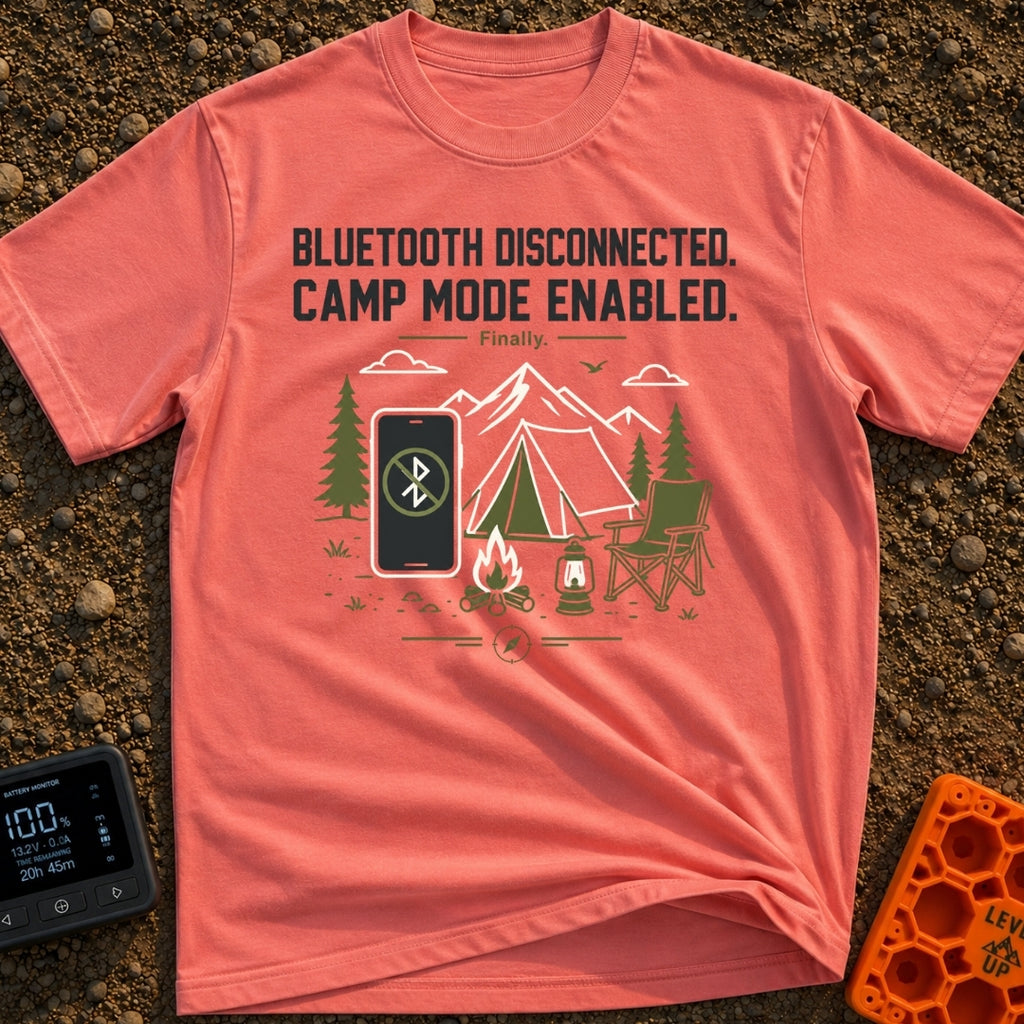 Bluetooth Off Camp On - T-Shirt in Watermelon - A line-art illustration of a smartphone displaying a crossed-out...
