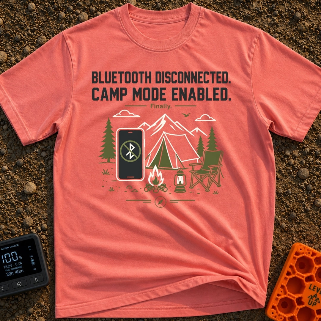 Bluetooth Off Camp On - T-Shirt in Watermelon - A line-art illustration of a smartphone displaying a crossed-out...