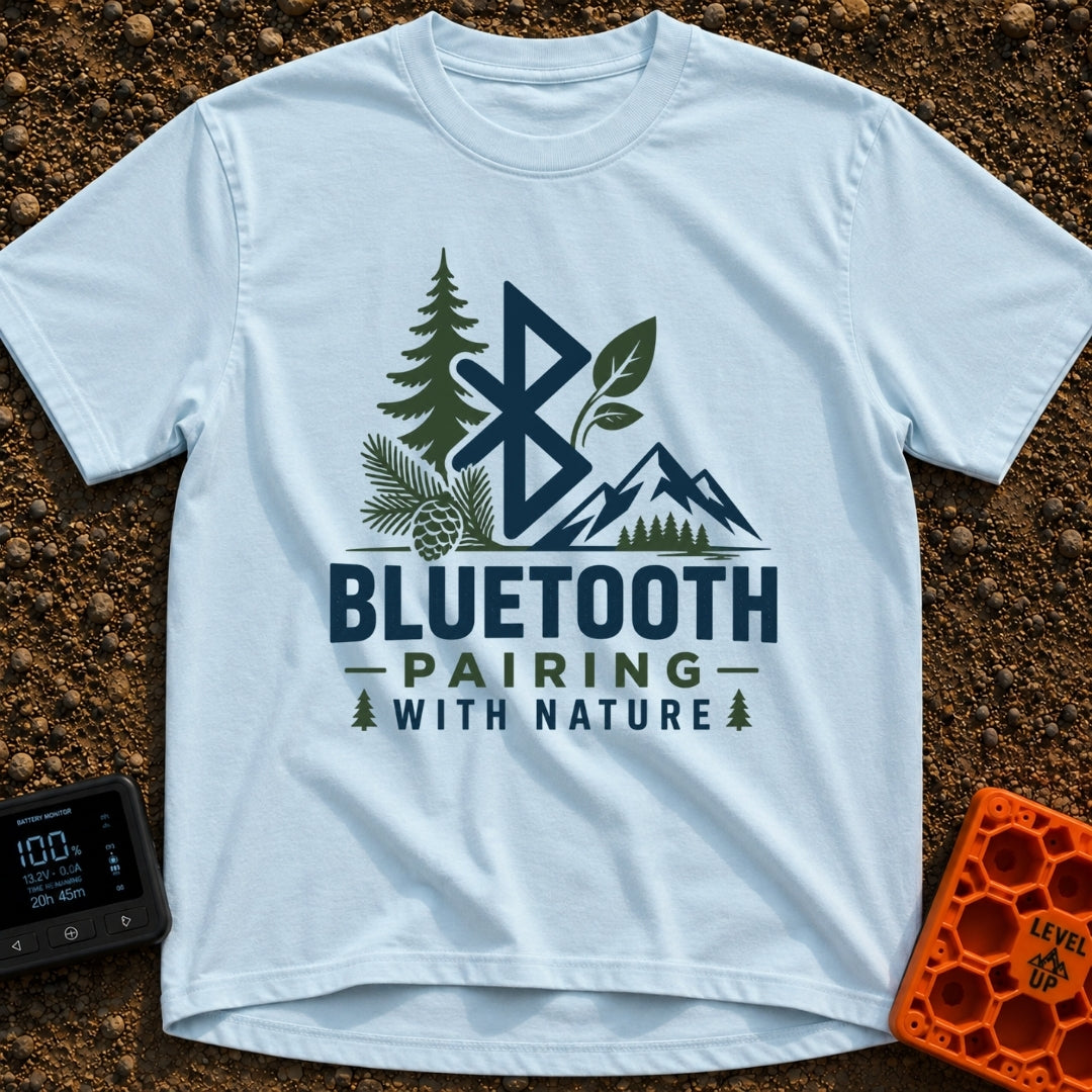 Pairing With Nature - T-Shirt in Chambray - A large Bluetooth logo is surrounded by illustrations of a pine tree, a...