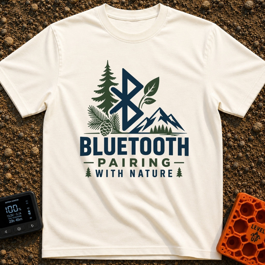 Pairing With Nature - T-Shirt in Ivory - A large Bluetooth logo is surrounded by illustrations of a pine tree, a...