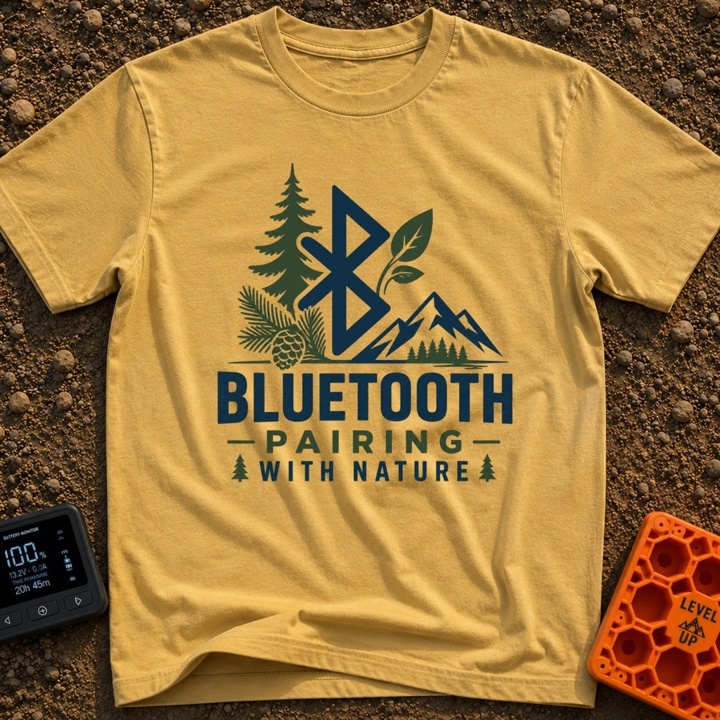 Pairing With Nature - T-Shirt in Mustard - A large Bluetooth logo is surrounded by illustrations of a pine tree, a...