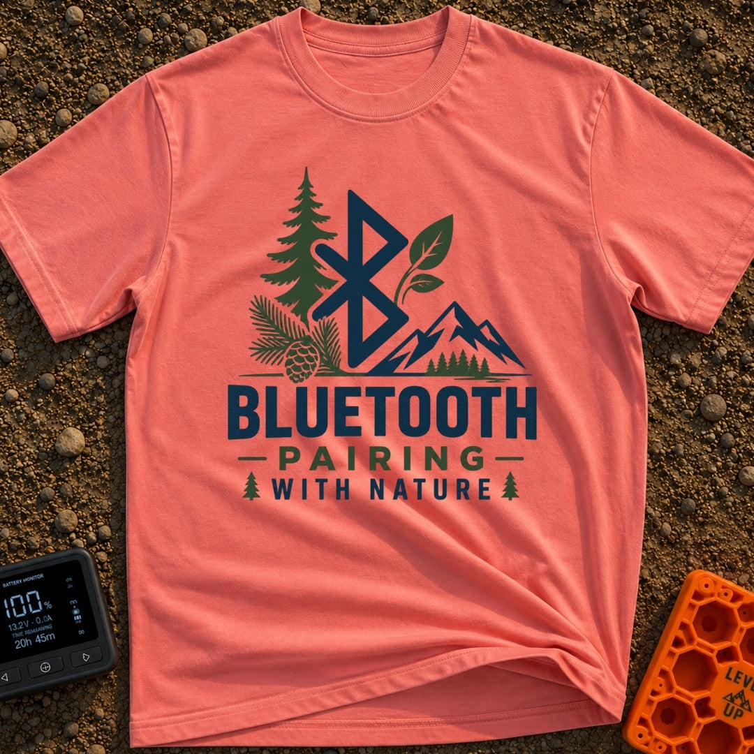 Pairing With Nature - T-Shirt in Watermelon - A large Bluetooth logo is surrounded by illustrations of a pine tree, a...