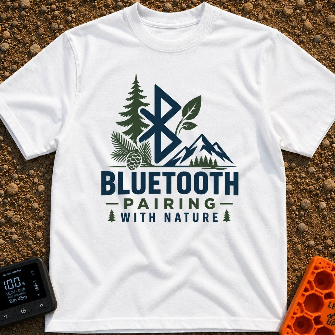 Pairing With Nature - T-Shirt in White - A large Bluetooth logo is surrounded by illustrations of a pine tree, a...