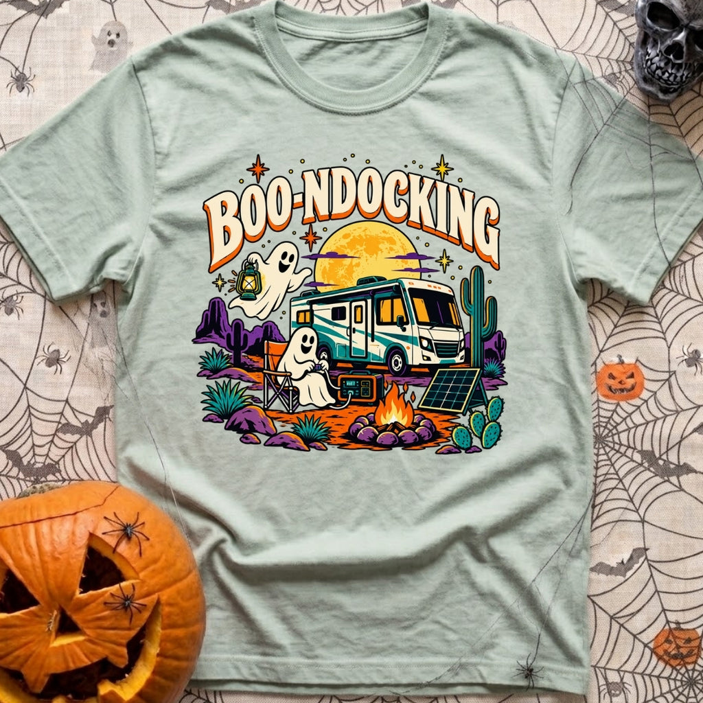 Boondocking With My Boo - T-Shirt in Bay - A cartoon illustration of an RV parked in a desert landscape at night under a...