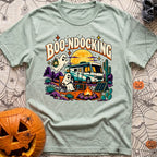 Boondocking With My Boo - T-Shirt in Bay - A cartoon illustration of an RV parked in a desert landscape at night under a...