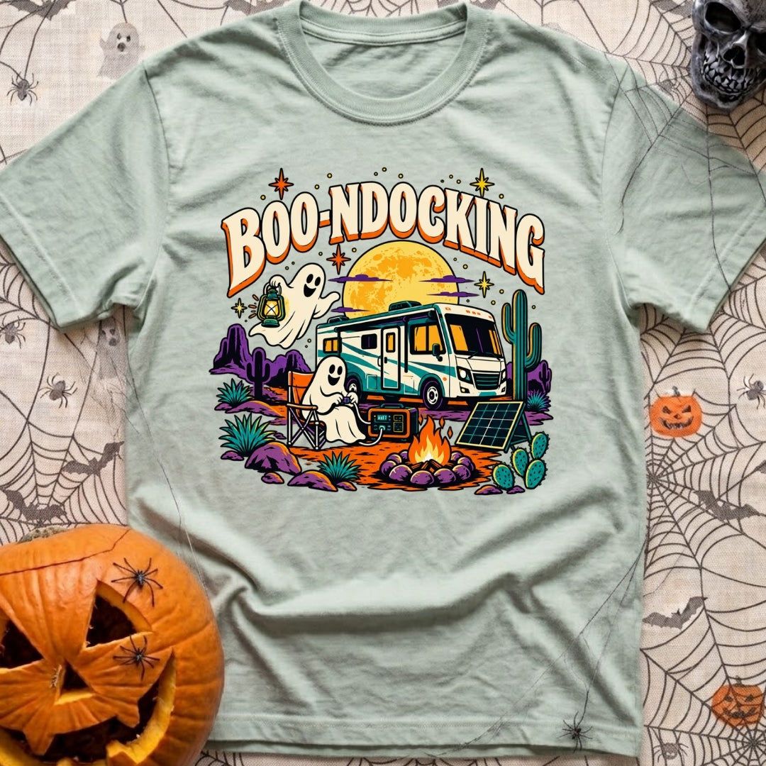 Boondocking With My Boo - T-Shirt in Bay - A cartoon illustration of an RV parked in a desert landscape at night under a...